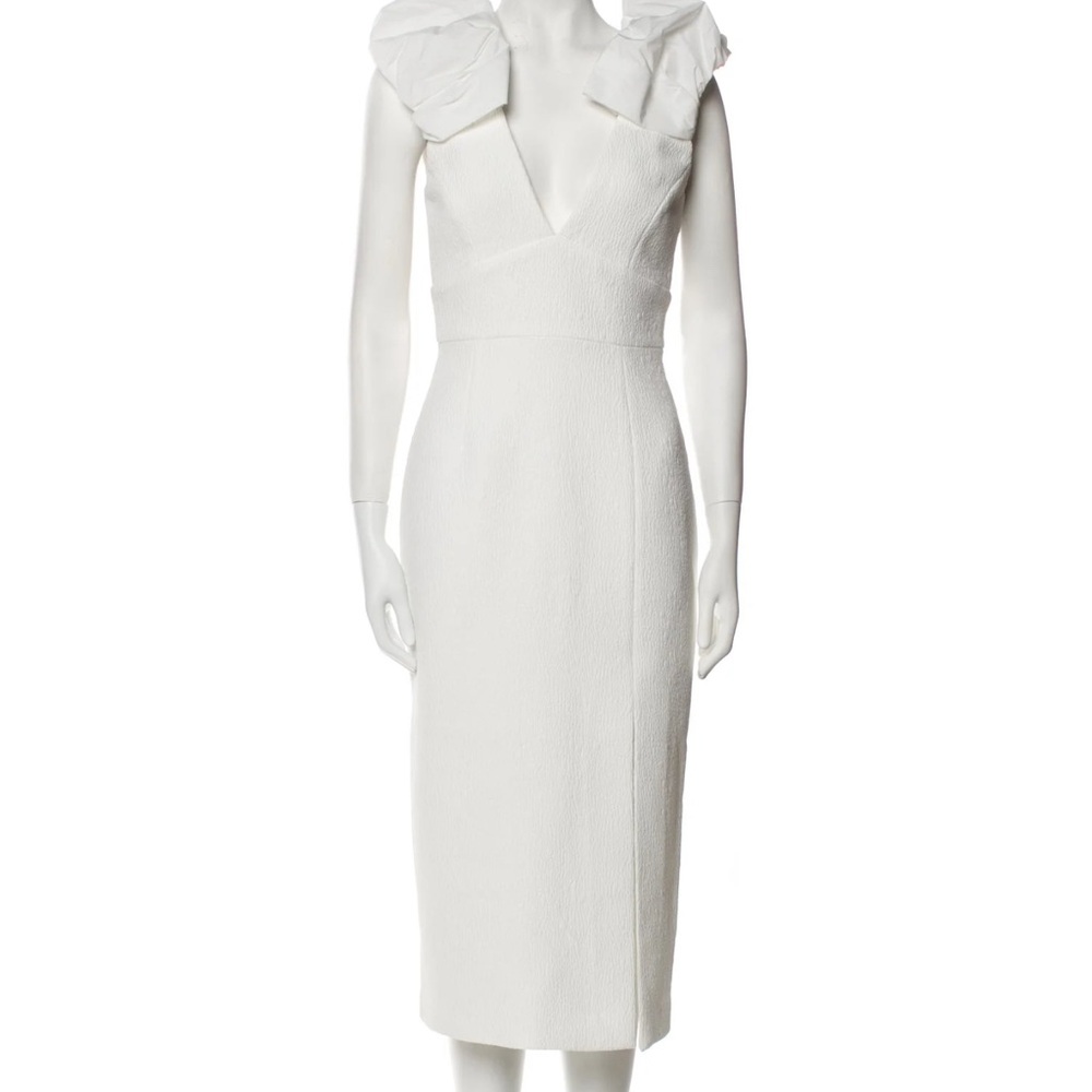 Rebecca Vallance White Midi Dress with Ruffle Shoulders